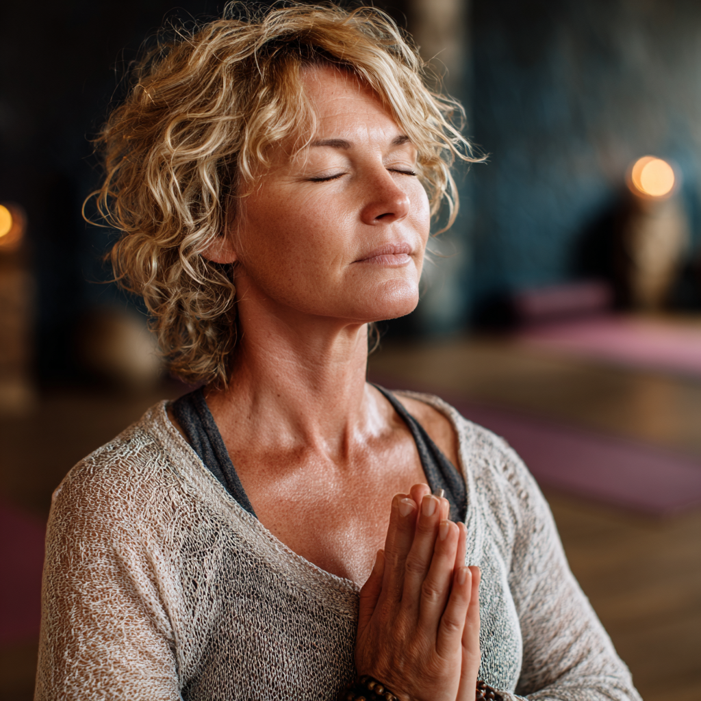 Peaceful Ukrainian woman in her 40s practicing gentle yoga breathing exercises in a serene natural setting with soft morning light