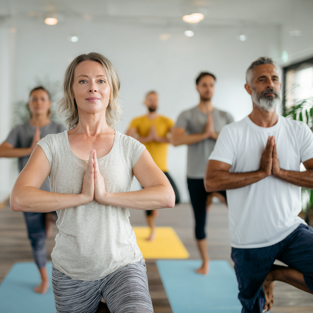 Middle-aged Ukrainian woman demonstrating gentle stretching technique with focus on proper breathing alignment in a peaceful yoga studio environment